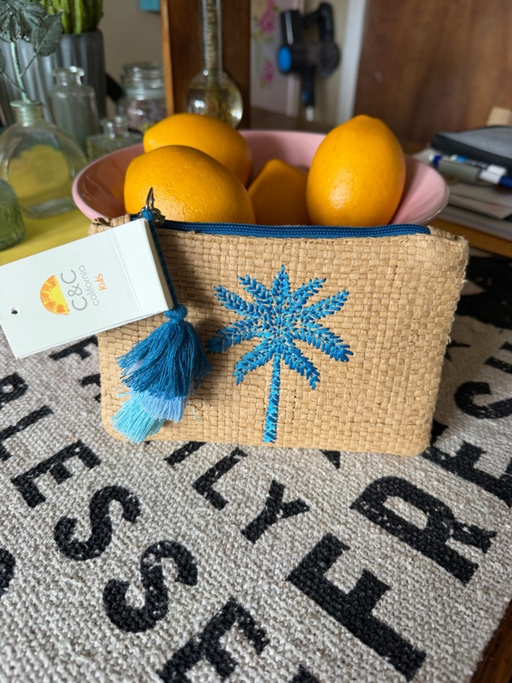 C&C California Natural Woven Pouch with Blue Palm Embroidery